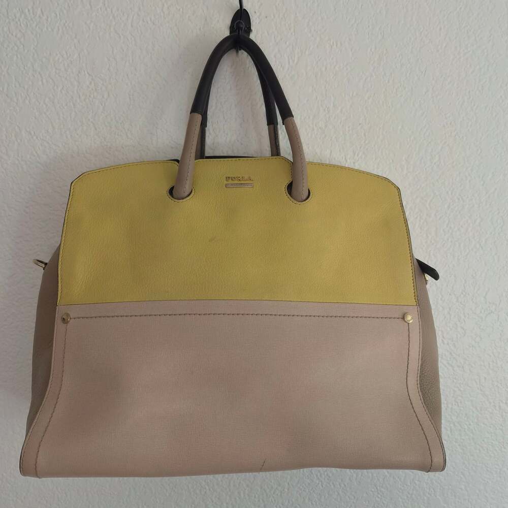 Furla Olympia Tricolor Pebbled Leather Tote Bag Yellow Beige Italy Pre-Loved